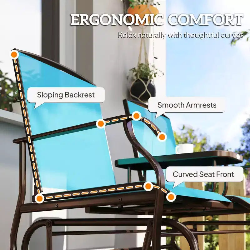 Outdoor Glider Bench with Center Table, Metal Frame Patio Loveseat with Breathable Mesh Fabric and Armrests for Backyard Garden Porch