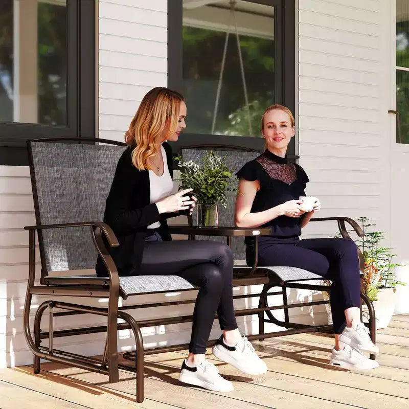 Outdoor Glider Bench with Center Table, Metal Frame Patio Loveseat with Breathable Mesh Fabric and Armrests for Backyard Garden Porch