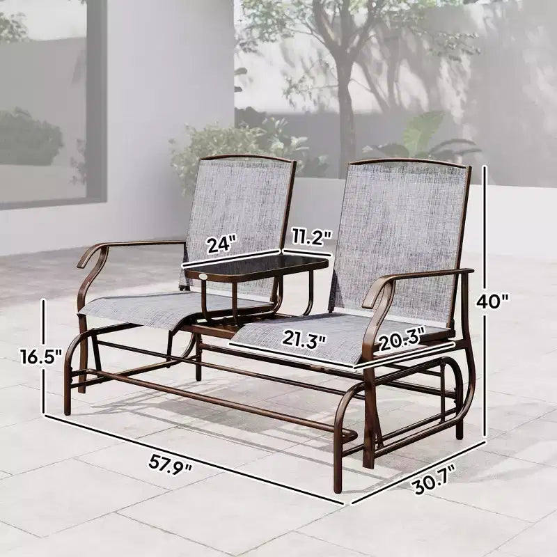 Outdoor Glider Bench with Center Table, Metal Frame Patio Loveseat with Breathable Mesh Fabric and Armrests for Backyard Garden Porch