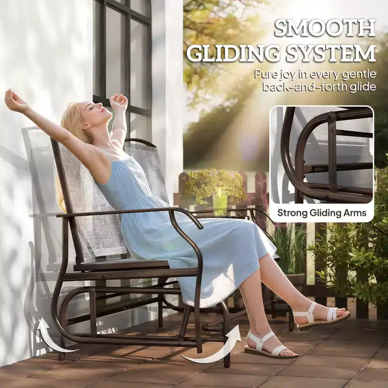 Outdoor Glider Bench with Center Table, Metal Frame Patio Loveseat with Breathable Mesh Fabric and Armrests for Backyard Garden Porch