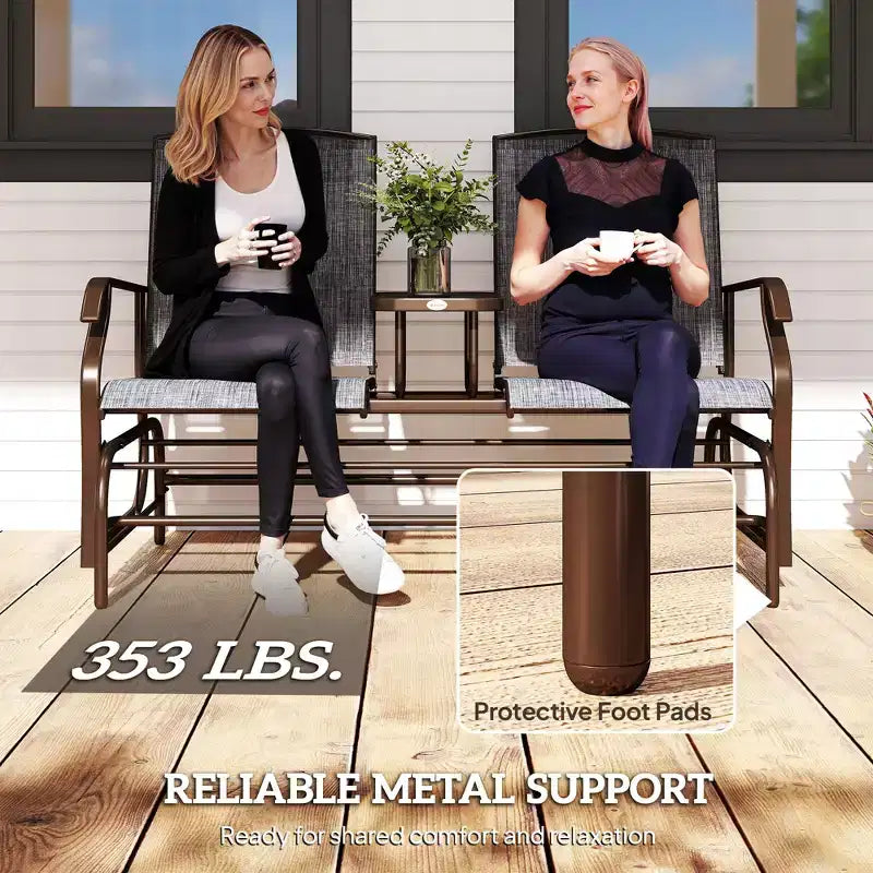Outdoor Glider Bench with Center Table, Metal Frame Patio Loveseat with Breathable Mesh Fabric and Armrests for Backyard Garden Porch