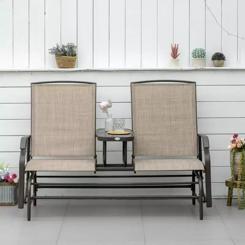 Outdoor Glider Bench with Center Table, Metal Frame Patio Loveseat with Breathable Mesh Fabric and Armrests for Backyard Garden Porch