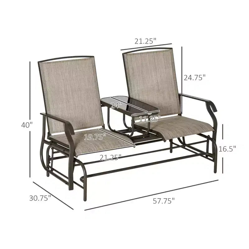 Outdoor Glider Bench with Center Table, Metal Frame Patio Loveseat with Breathable Mesh Fabric and Armrests for Backyard Garden Porch