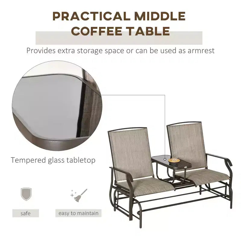 Outdoor Glider Bench with Center Table, Metal Frame Patio Loveseat with Breathable Mesh Fabric and Armrests for Backyard Garden Porch