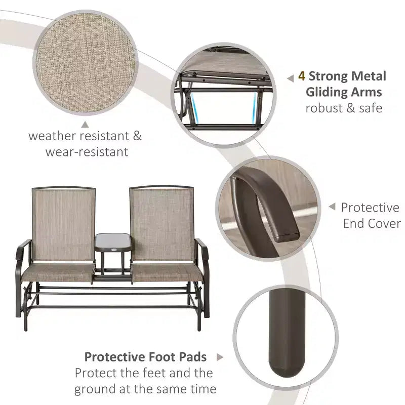 Outdoor Glider Bench with Center Table, Metal Frame Patio Loveseat with Breathable Mesh Fabric and Armrests for Backyard Garden Porch
