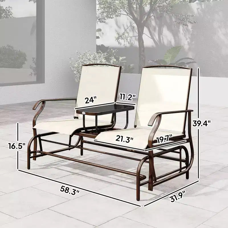 Outdoor Glider Bench with Center Table, Metal Frame Patio Loveseat with Breathable Mesh Fabric and Armrests for Backyard Garden Porch