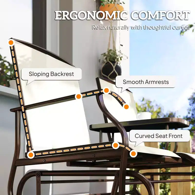 Outdoor Glider Bench with Center Table, Metal Frame Patio Loveseat with Breathable Mesh Fabric and Armrests for Backyard Garden Porch