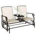 Outdoor Glider Bench with Center Table, Metal Frame Patio Loveseat with Breathable Mesh Fabric and Armrests for Backyard Garden Porch