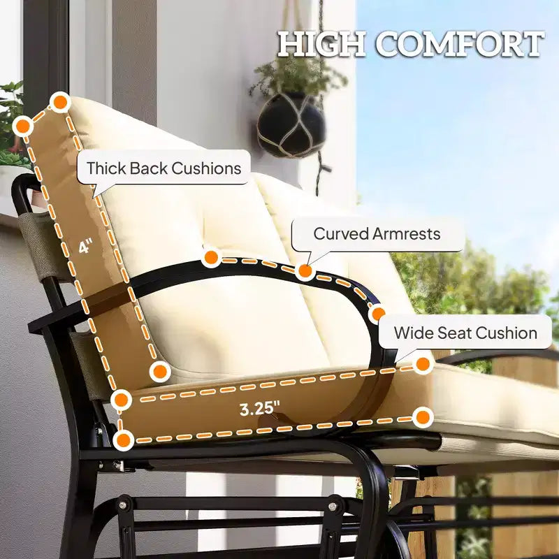 Outdoor Glider Bench, 2-Person Patio Rocker Loveseat with Tufted Cushions, Steel Frame for Porch, Garden Backyard