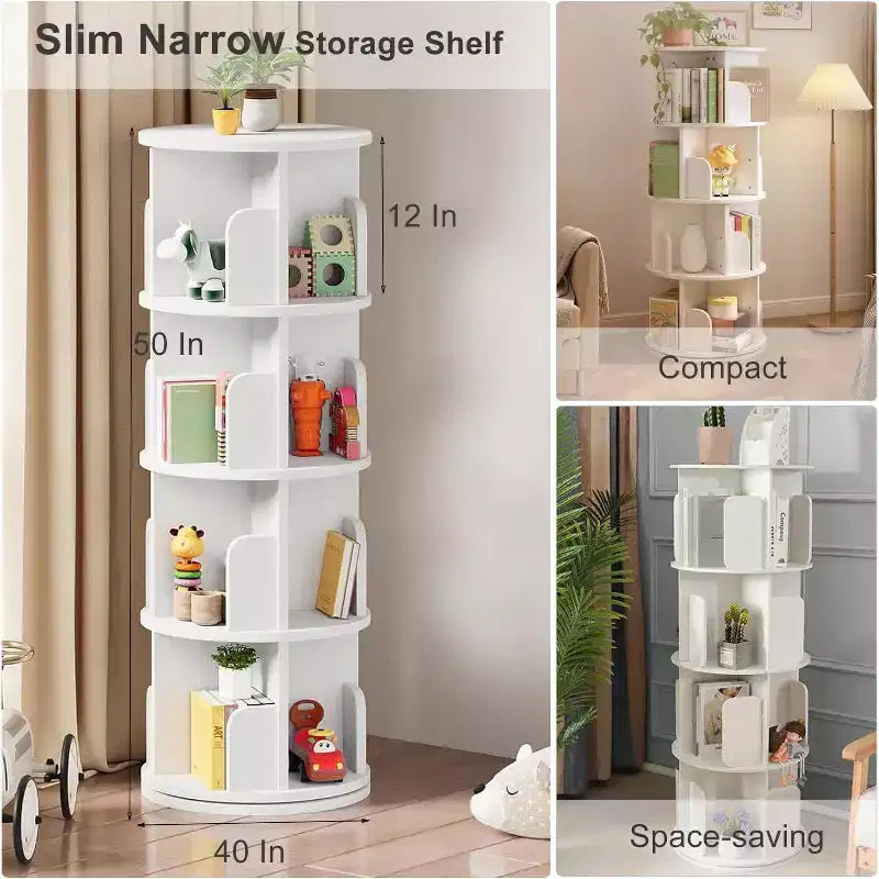 FurnitureR 360 Rotating Bookcase, 4-Tier Spinning Corner Book Shelf, Display Organizer for Small Space, Storage Rack for Office, Living Room, White