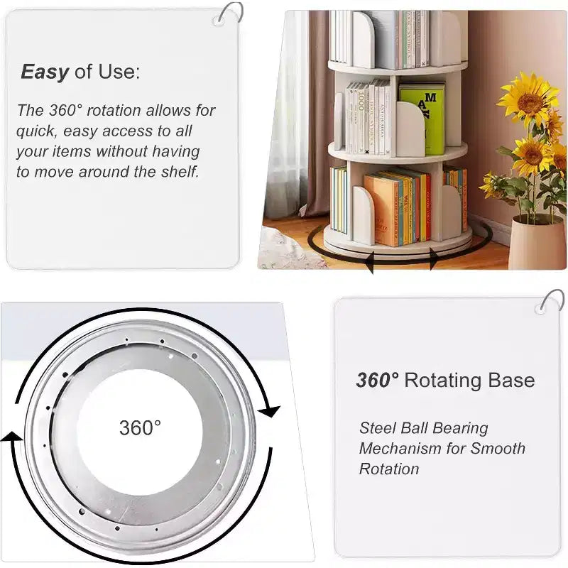 FurnitureR 360 Rotating Bookcase, 4-Tier Spinning Corner Book Shelf, Display Organizer for Small Space, Storage Rack for Office, Living Room, White