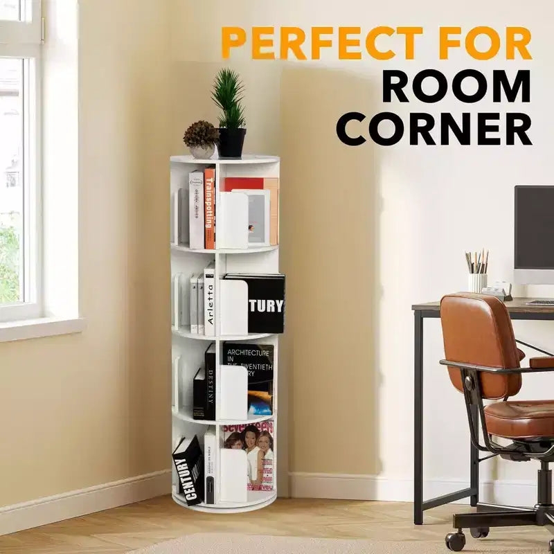 FurnitureR 360 Rotating Bookcase, 4-Tier Spinning Corner Book Shelf, Display Organizer for Small Space, Storage Rack for Office, Living Room, White