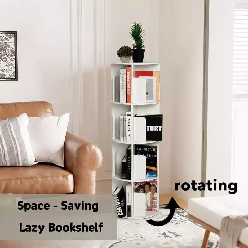 FurnitureR 360 Rotating Bookcase, 4-Tier Spinning Corner Book Shelf, Display Organizer for Small Space, Storage Rack for Office, Living Room, White