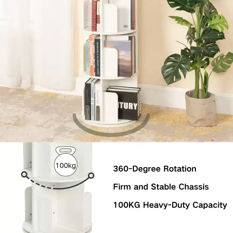 FurnitureR 360 Rotating Bookcase, 4-Tier Spinning Corner Book Shelf, Display Organizer for Small Space, Storage Rack for Office, Living Room, White