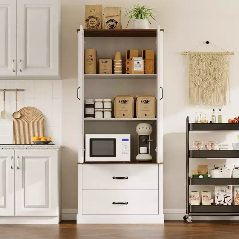 Dispensa da Cucina con 2 Cassetti, Mobile Contenitore Alto in Stile Rustico, Dispensa per Alimenti in Legno con Ante a Granaio e Ripiani Regolabili, Soluzione Versatile per la Conservazione