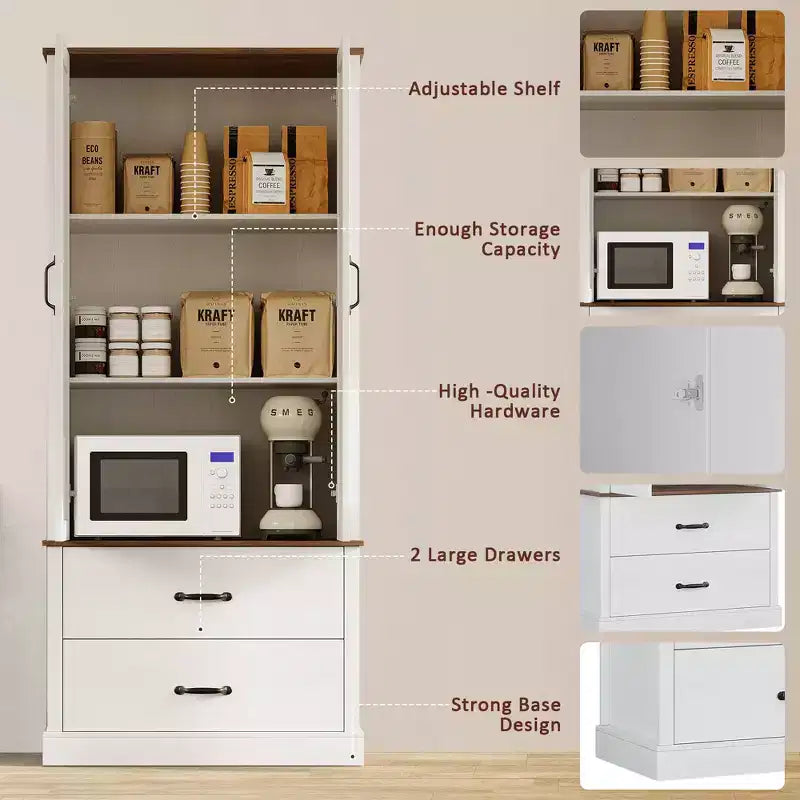 Dispensa da Cucina con 2 Cassetti, Mobile Contenitore Alto in Stile Rustico, Dispensa per Alimenti in Legno con Ante a Granaio e Ripiani Regolabili, Soluzione Versatile per la Conservazione