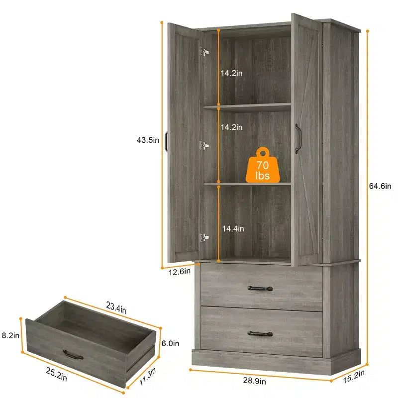 Dispensa da Cucina con 2 Cassetti, Mobile Contenitore Alto in Stile Rustico, Dispensa per Alimenti in Legno con Ante a Granaio e Ripiani Regolabili, Soluzione Versatile per la Conservazione