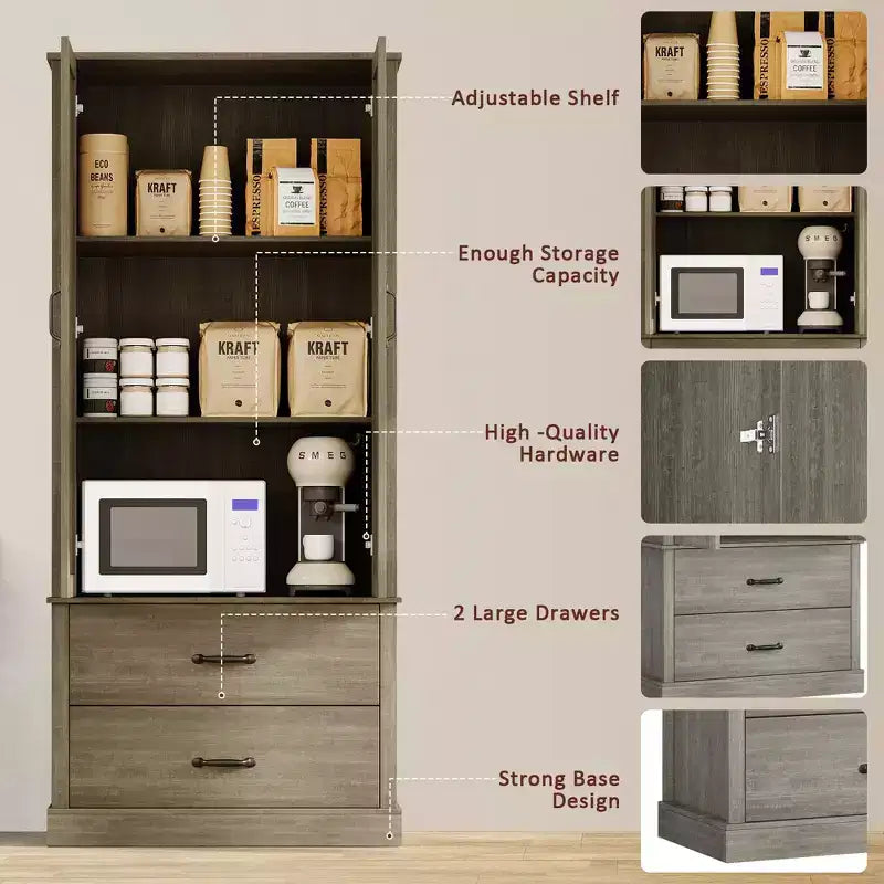 Dispensa da Cucina con 2 Cassetti, Mobile Contenitore Alto in Stile Rustico, Dispensa per Alimenti in Legno con Ante a Granaio e Ripiani Regolabili, Soluzione Versatile per la Conservazione