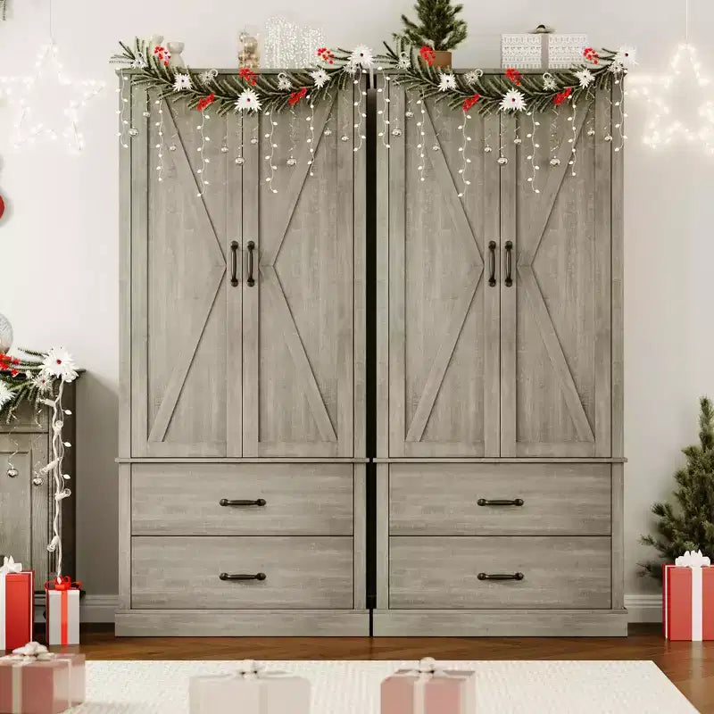 Dispensa da Cucina con 2 Cassetti, Mobile Contenitore Alto in Stile Rustico, Dispensa per Alimenti in Legno con Ante a Granaio e Ripiani Regolabili, Soluzione Versatile per la Conservazione