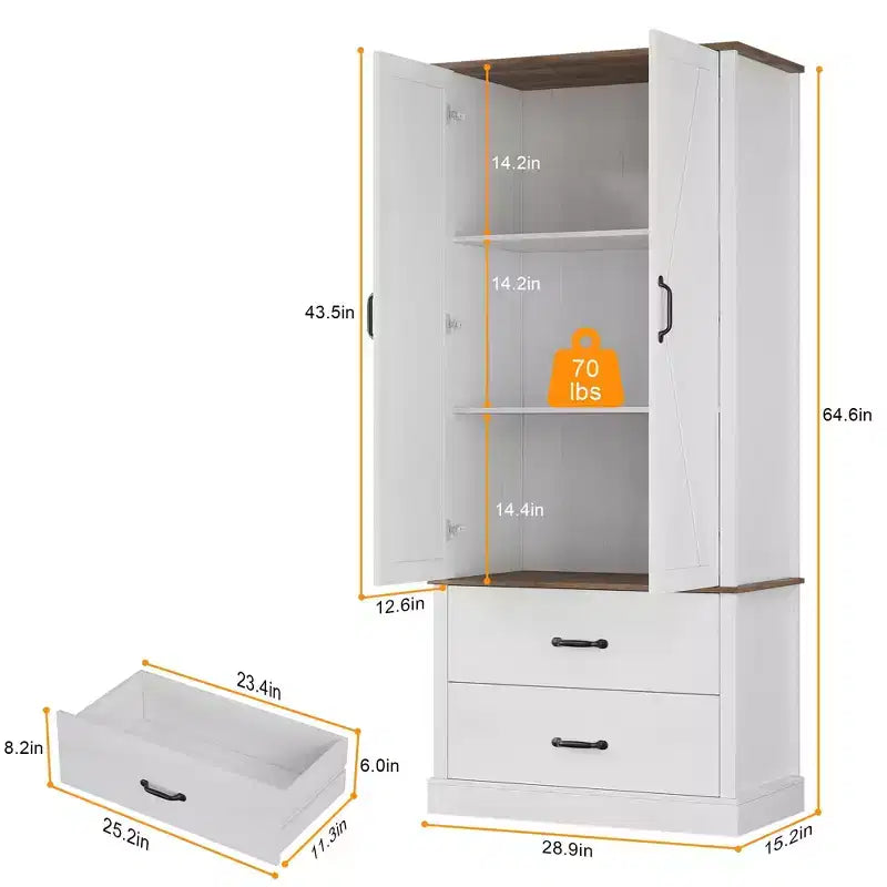 Dispensa da Cucina con 2 Cassetti, Mobile Contenitore Alto in Stile Rustico, Dispensa per Alimenti in Legno con Ante a Granaio e Ripiani Regolabili, Soluzione Versatile per la Conservazione