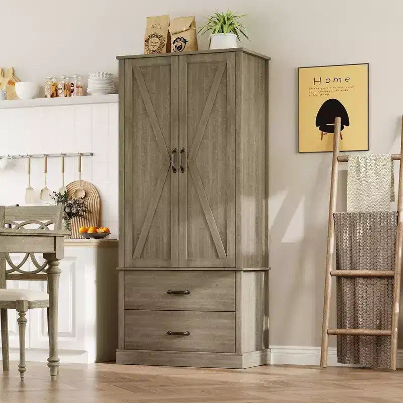 Kitchen Pantry Cabinet with 2 Drawers, Farmhouse Tall Storage Cabinet, Wood Food Pantry with Barn Doors and Adjustable Shelves Versatile Storage