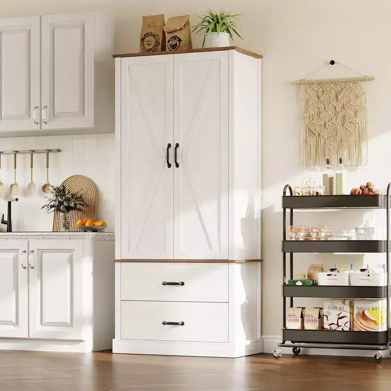 Dispensa da Cucina con 2 Cassetti, Mobile Contenitore Alto in Stile Rustico, Dispensa per Alimenti in Legno con Ante a Granaio e Ripiani Regolabili, Soluzione Versatile per la Conservazione
