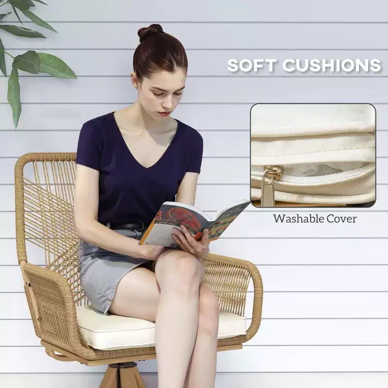 Patio Swivel Chairs Set of 2, Rattan Patio Dining Chairs with Soft Cushions for Backyard, Lawn, Porch, or Garden