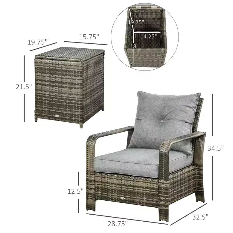 Set Mobili da Giardino 3 Pezzi, Tavolo e Sedie in Rattan PE con Contenitore