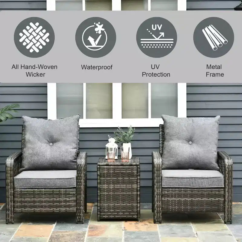 Set Mobili da Giardino 3 Pezzi, Tavolo e Sedie in Rattan PE con Contenitore