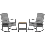3 Piece Outdoor PE Rattan Rocking Chair Set, Patio Wicker Recliner Rocker Chair with Soft Cushion & Nature Wood Top Coffee Table