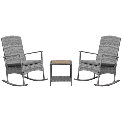 3 Piece Outdoor PE Rattan Rocking Chair Set, Patio Wicker Recliner Rocker Chair with Soft Cushion & Nature Wood Top Coffee Table