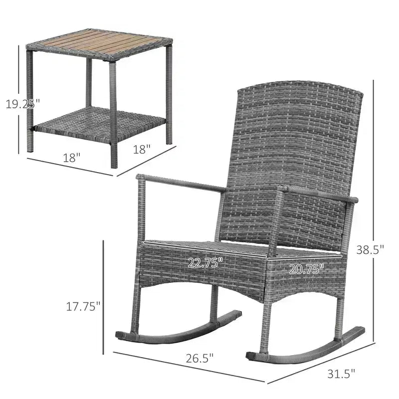 3 Piece Outdoor PE Rattan Rocking Chair Set, Patio Wicker Recliner Rocker Chair with Soft Cushion & Nature Wood Top Coffee Table
