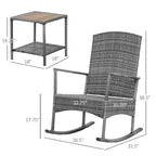 3 Piece Outdoor PE Rattan Rocking Chair Set, Patio Wicker Recliner Rocker Chair with Soft Cushion & Nature Wood Top Coffee Table