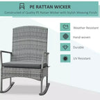 3 Piece Outdoor PE Rattan Rocking Chair Set, Patio Wicker Recliner Rocker Chair with Soft Cushion & Nature Wood Top Coffee Table