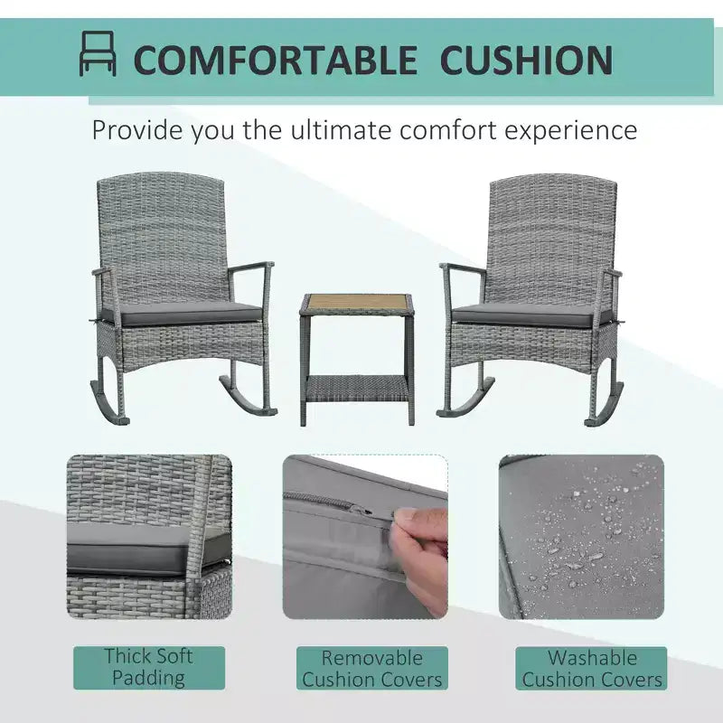 3 Piece Outdoor PE Rattan Rocking Chair Set, Patio Wicker Recliner Rocker Chair with Soft Cushion & Nature Wood Top Coffee Table