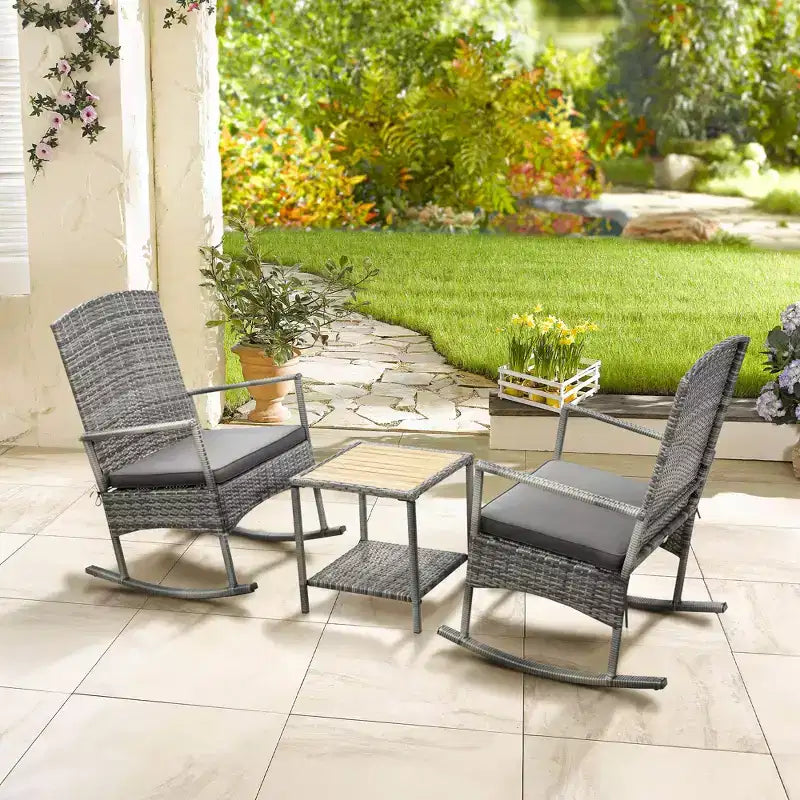 3 Piece Outdoor PE Rattan Rocking Chair Set, Patio Wicker Recliner Rocker Chair with Soft Cushion & Nature Wood Top Coffee Table