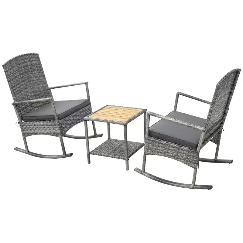 3 Piece Outdoor PE Rattan Rocking Chair Set, Patio Wicker Recliner Rocker Chair with Soft Cushion & Nature Wood Top Coffee Table