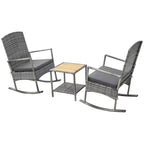 3 Piece Outdoor PE Rattan Rocking Chair Set, Patio Wicker Recliner Rocker Chair with Soft Cushion & Nature Wood Top Coffee Table