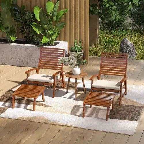 Set da giardino 4 pezzi, 2 sedie con cuscini e poggiapiedi, legno di acacia a doghe