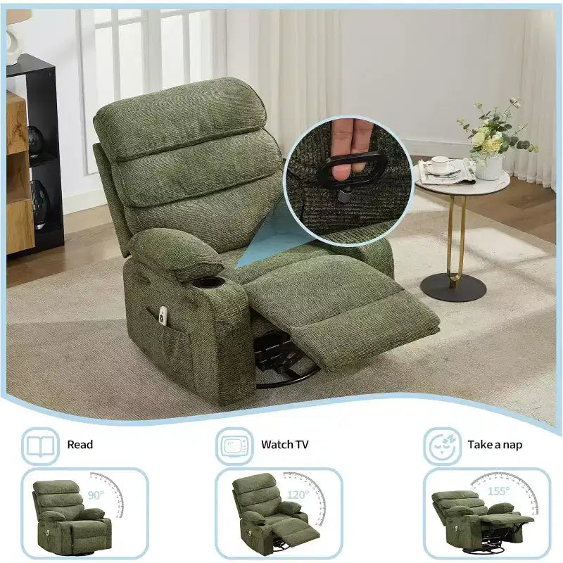 360 Swivel Massage Rocker Recliner with Heat, Linen Glider Chair for Adults, Side Pocket & 2 Cup Holders  Living Room & Bedroom Comfort