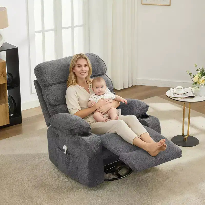 360 Swivel Massage Rocker Recliner with Heat, Linen Glider Chair for Adults, Side Pocket & 2 Cup Holders  Living Room & Bedroom Comfort