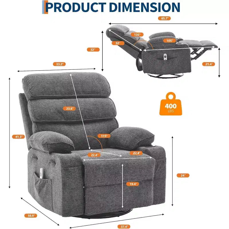 360 Swivel Massage Rocker Recliner with Heat, Linen Glider Chair for Adults, Side Pocket & 2 Cup Holders  Living Room & Bedroom Comfort
