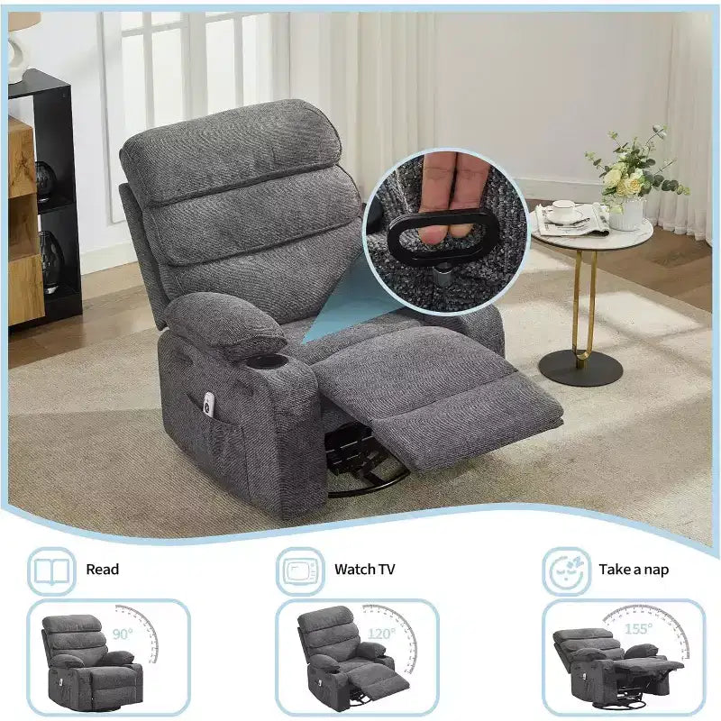 360 Swivel Massage Rocker Recliner with Heat, Linen Glider Chair for Adults, Side Pocket & 2 Cup Holders  Living Room & Bedroom Comfort