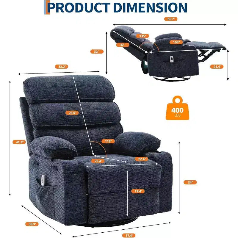 360 Swivel Massage Rocker Recliner with Heat, Linen Glider Chair for Adults, Side Pocket & 2 Cup Holders  Living Room & Bedroom Comfort