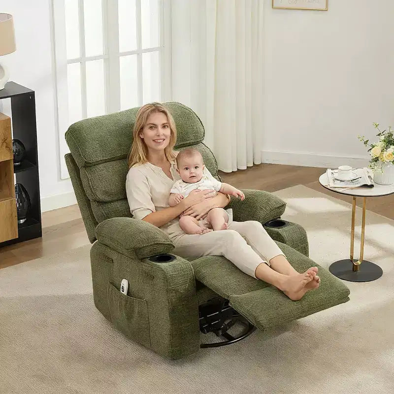 360 Swivel Massage Rocker Recliner with Heat, Linen Glider Chair for Adults, Side Pocket & 2 Cup Holders  Living Room & Bedroom Comfort