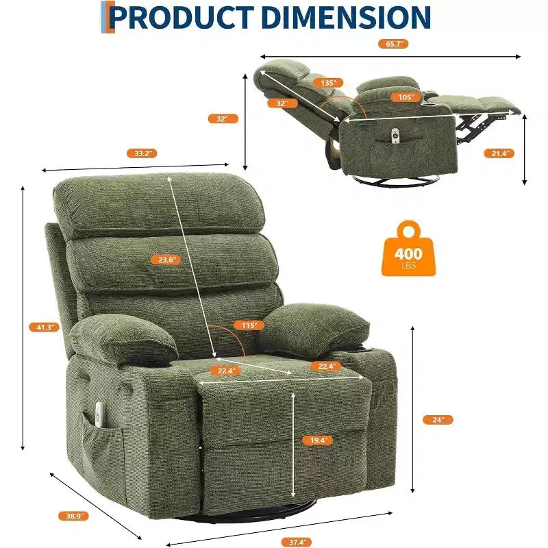 360 Swivel Massage Rocker Recliner with Heat, Linen Glider Chair for Adults, Side Pocket & 2 Cup Holders  Living Room & Bedroom Comfort