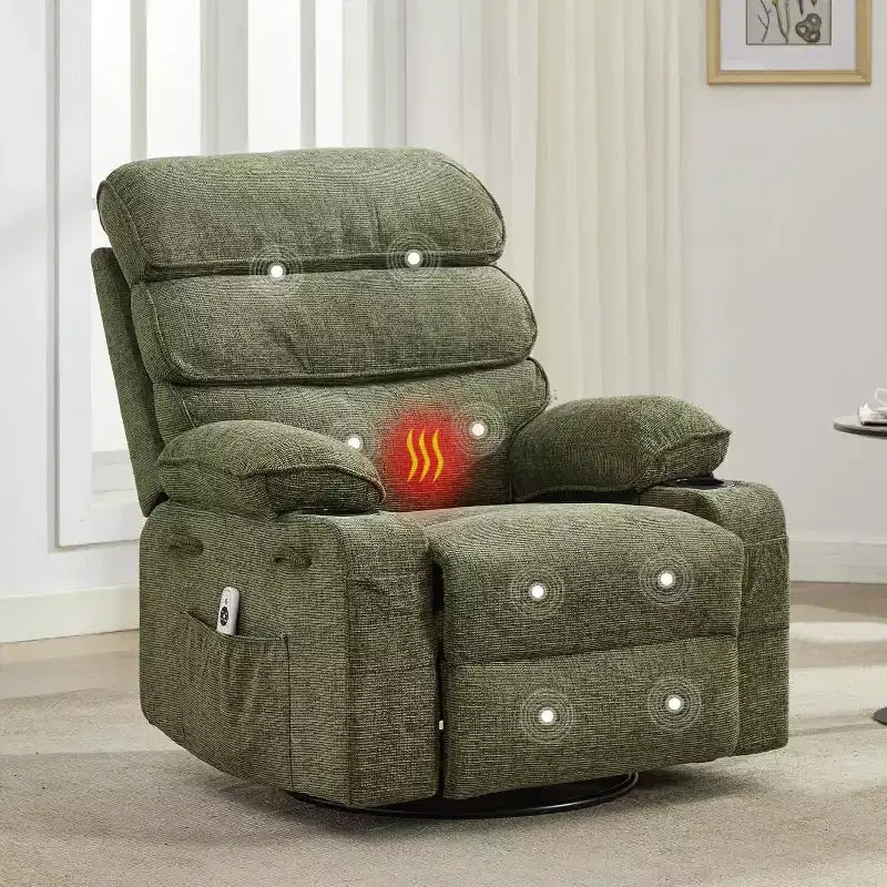 360 Swivel Massage Rocker Recliner with Heat, Linen Glider Chair for Adults, Side Pocket & 2 Cup Holders  Living Room & Bedroom Comfort