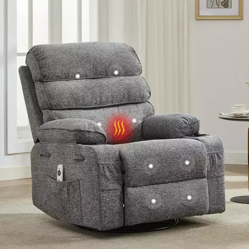 360 Swivel Massage Rocker Recliner with Heat, Linen Glider Chair for Adults, Side Pocket & 2 Cup Holders  Living Room & Bedroom Comfort