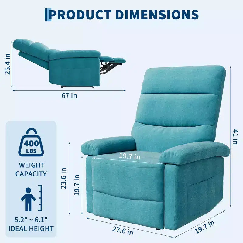 Manual Recliner Chair for Adults, Adjustable Fabric Single Sofa with Side Pocket and Ergonomic Backrest, Ideal for Living Room, Bedroom, or Nursery