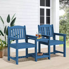 Hyleory HDPE Double Outdoor Chair with 2-Tier Side Table, Weather Resistant Patio Loveseat with Built-In Table